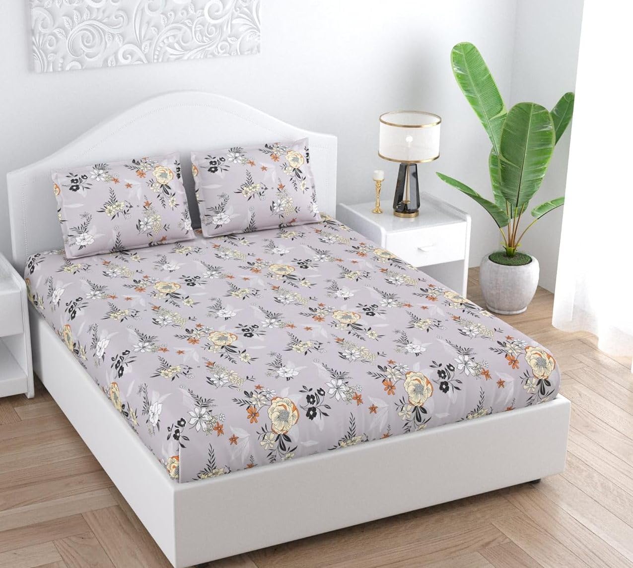Grey Floral King Size Double Bed Elastic Fitted 100% Cotton Soft Bedsheet with 2 Pillow Cover (72"x78" Upto 6" Mattress)-image-19