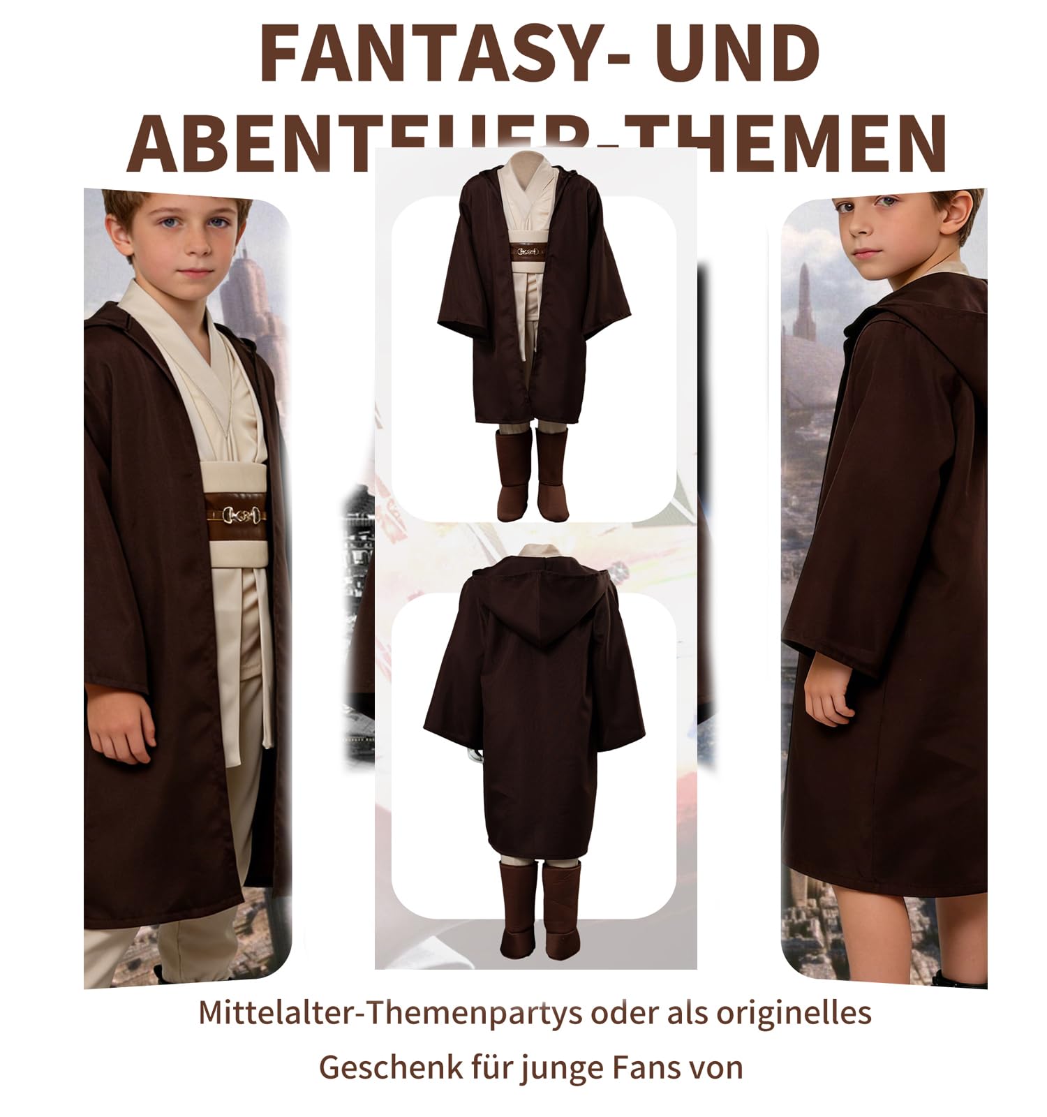 Kinder Mittelalter Ritter Kostüm Cosplay Uniform für Halloween Karneval | Schwarzes Komplett-Set bestehend aus Tunika, Hose, Gürtel und Kapuzenumhang für Kinder