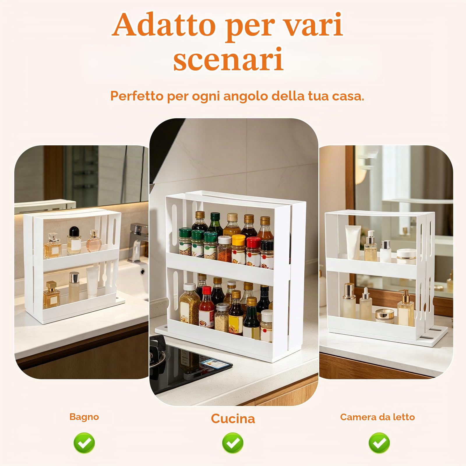 Buachois Cestello Estraibile, 2 Livelli Design Scorrevole Porta Spezie Verticale di Grande Capacità, Organizzatore per Alimenti Girevole Estraibile Antiscivolo