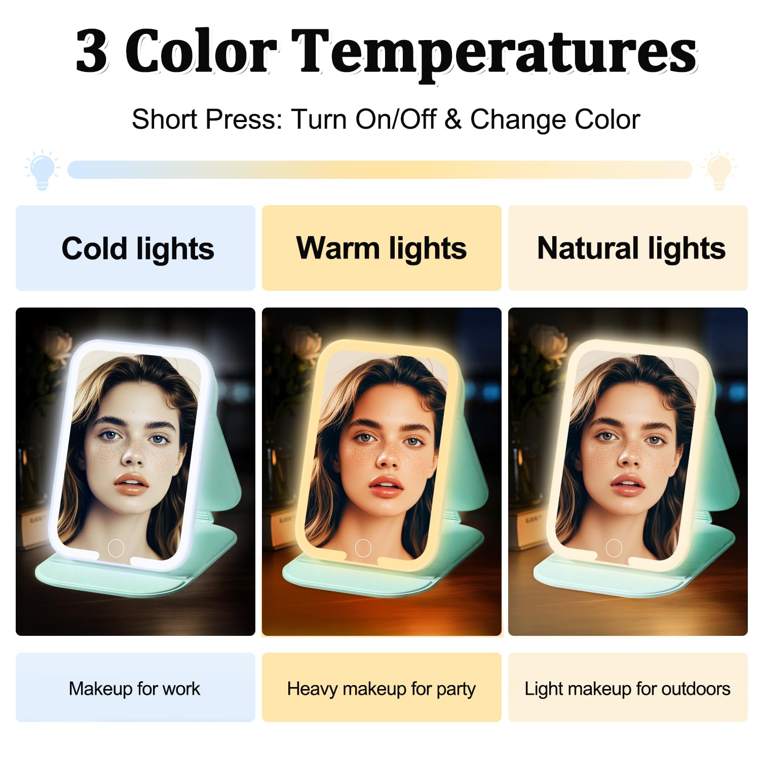 Wiederaufladbarer Reisespiegel mit Licht, LED-Make-up-Spiegel mit Lichtern, tragbarer Kosmetikspiegel mit 3 Farben Beleuchtung, dimmbarer beleuchteter Kosmetikspiegel, Reiseutensilien