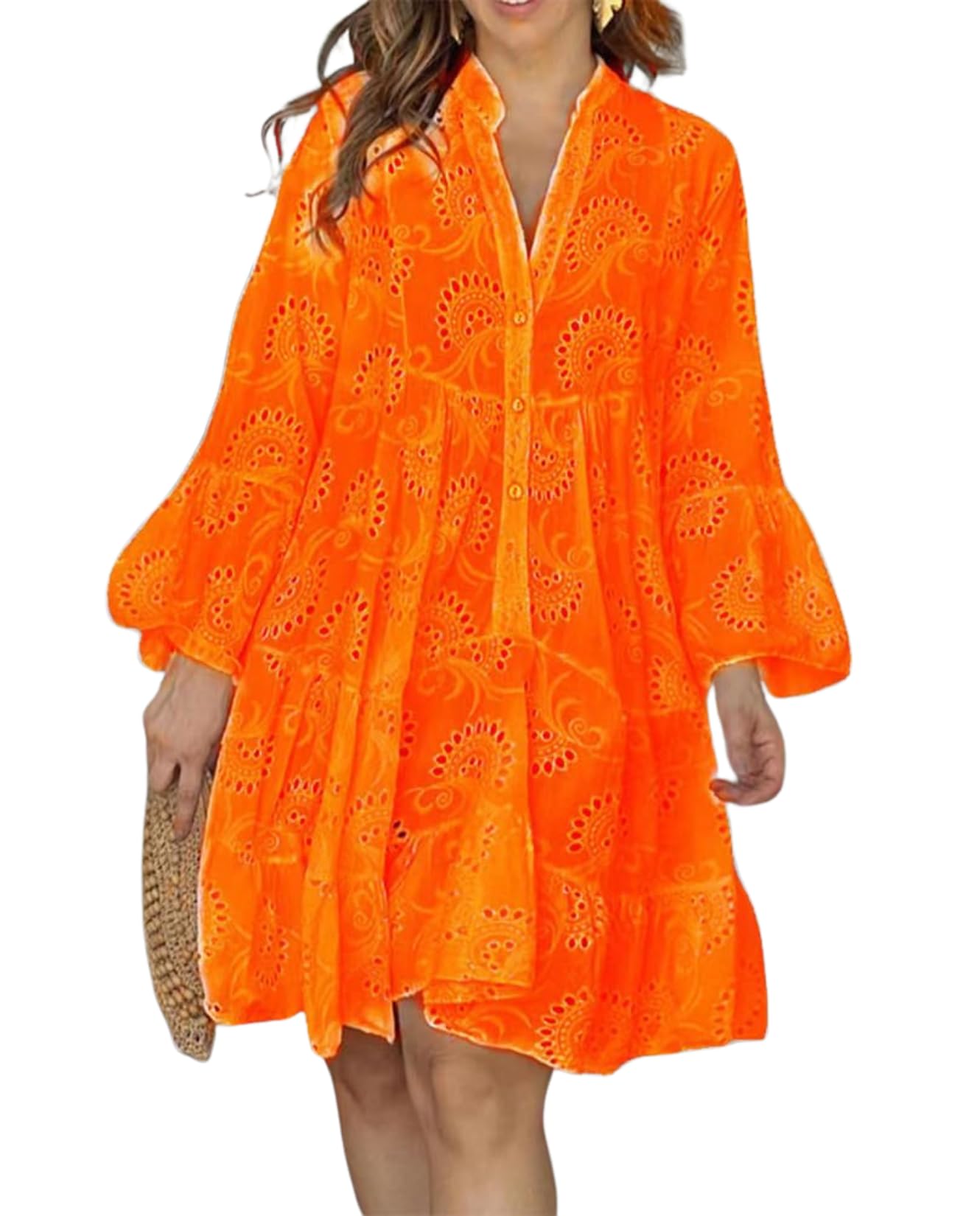 BIVENANT White Floral Dress for Women Hollow Out Lace Boho Solid V Neck Long Sleeve Button Down Midi Dress