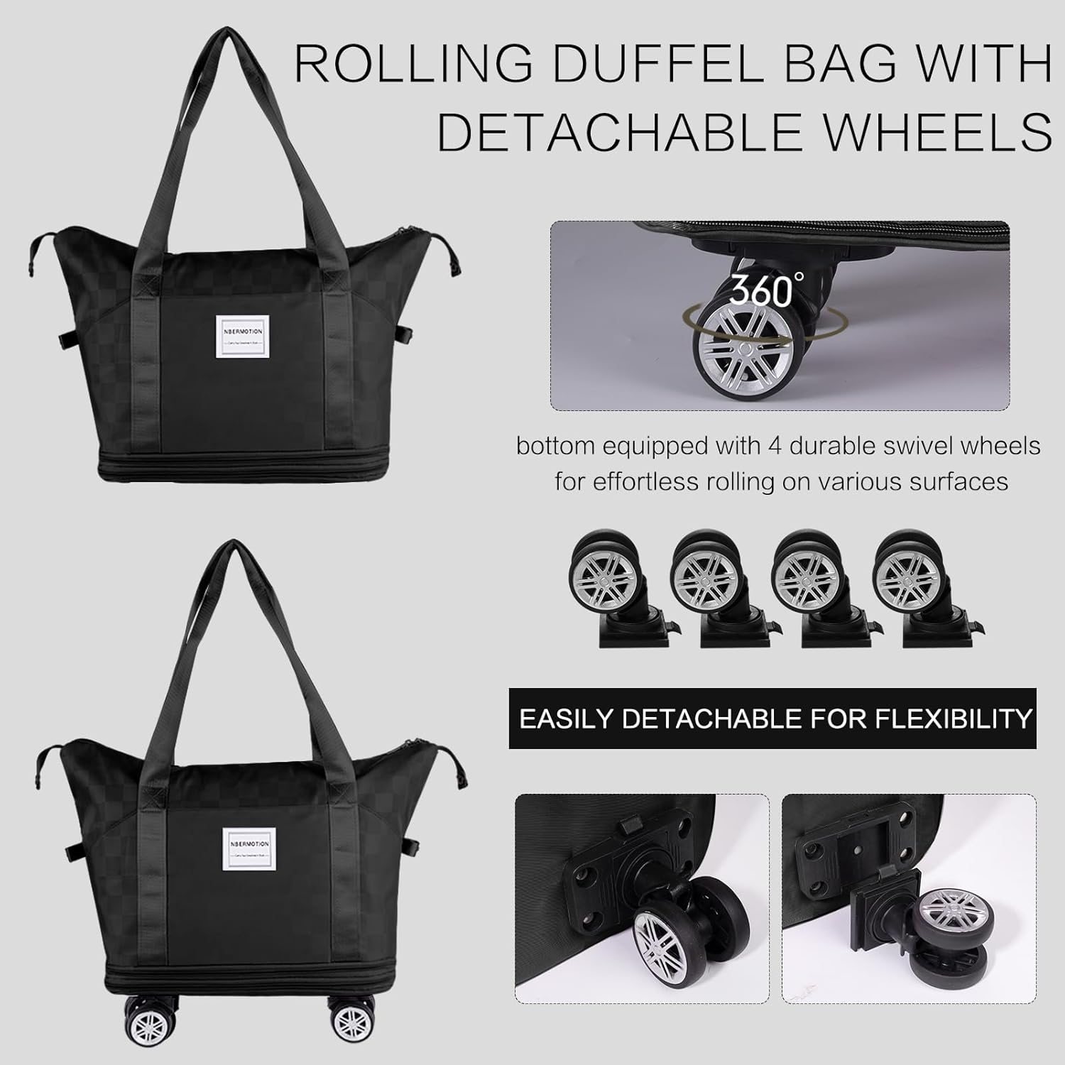 Expandable Rolling Duffle Bag - Large Carry-On With Spinner Wheels, Foldable Weekend Travel Bag, 28-58L Capacity(A-Black) - Image 3