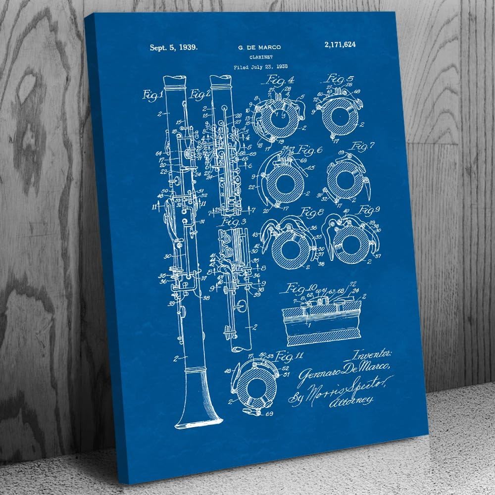 Patent Earth Clarinet Canvas Print, Musician Gift, Recording Studio Art, Clarinet Blueprint, Jazz Club Decor, Band Director Blueprint (8 inch x 10 inch)