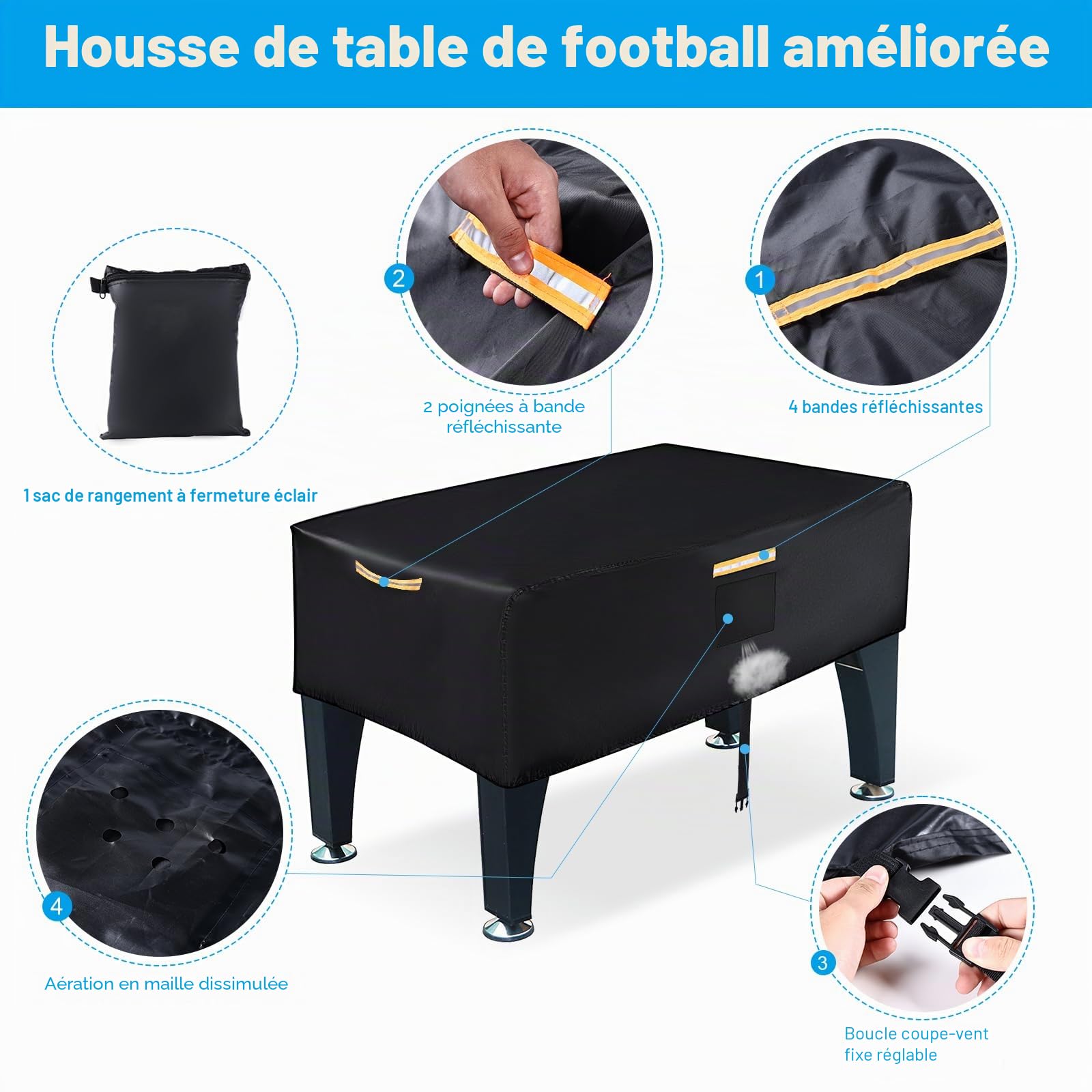 Kick Table Couverture, Housse de Protection 420D Oxford Kick Toile Cirée, Imperméable Housse de Football Universelle Extérieure avec Rayures Imperméables, Ouvertures Ventilation et 4 Poignées Bandes