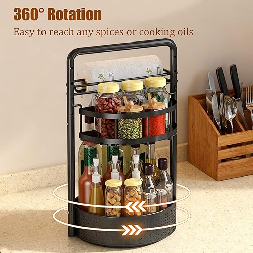Miniatura 2 de JEESA Rotating Spice Rack with Paper Towel Holder, 2 Tier Lazy Susan for Spices, Sturdy Iron Seasoning Organizer for Kitchen Countertop, Black