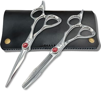 5.5" Professional Hair Shears Set Includes Cutting Scissors and Thinning Shears - VG10 Japanese Stainless Steel - Sharp, Ergonomic, Lightweight - Shihan Shears Red Moon Hair Shears Set