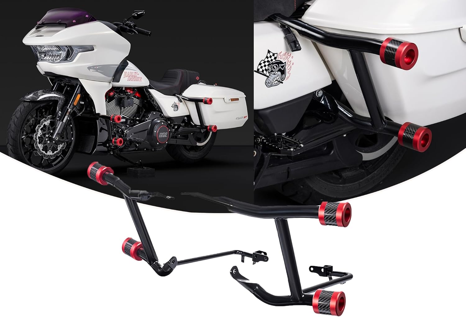 Advanblack Protek Rear Performance Crash Bar Saddlebags Guards Compatible with 2014-2026 Harley Touring Street Glide Road Glide (Red CNC w/Carbon Inlay)