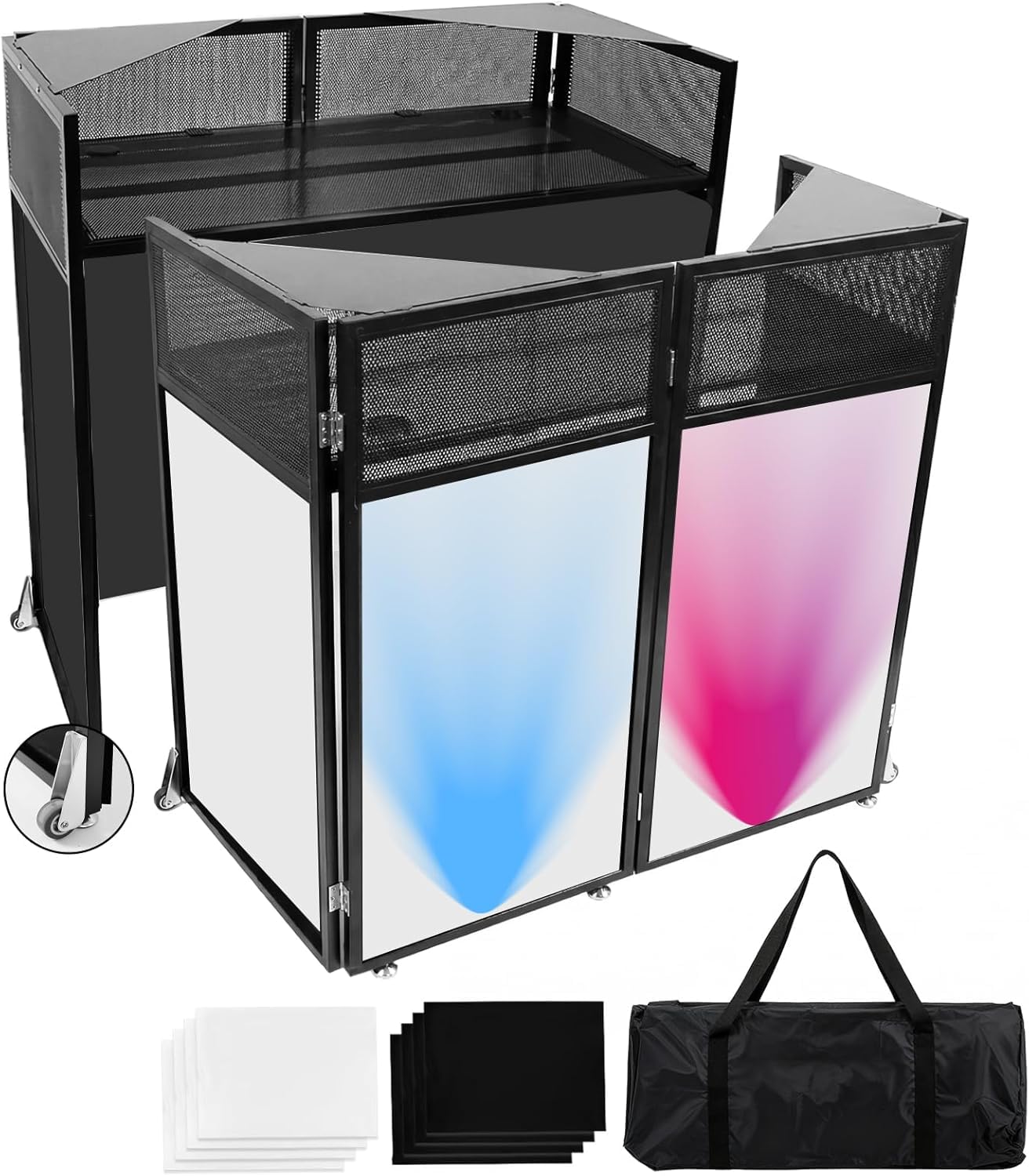 Upgraded Portable DJ Booth with Wheels, 44" x 20" DJ Stage Setup with Replaceable Black and White Scrims, Folding Portable Bar Table for Party, Wedding, Events - 1