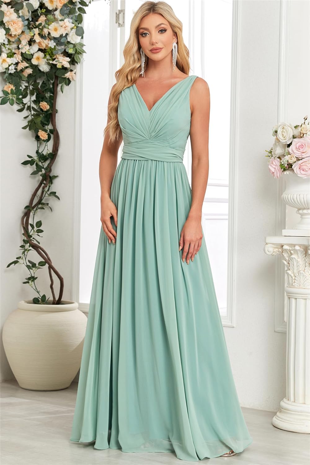 Womens Bridesmaid Dresses Long - Sleeveless V-Neck A Line Chiffon Bridesmaid Dress