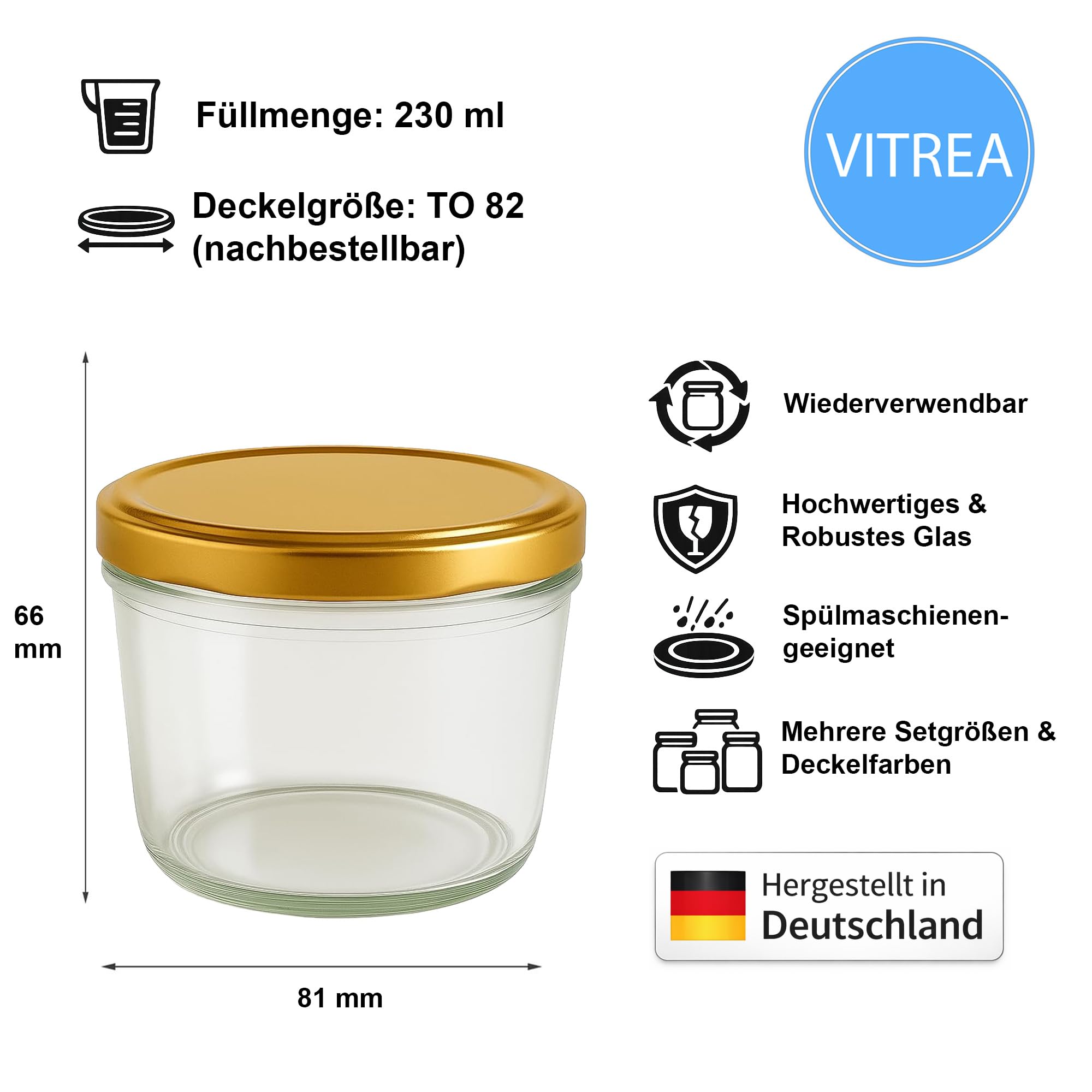 Vitrea 100x Marmeladengläser 230 ml - mit Deckel Gold TO 82 - Einmachgläser zum befüllen mit Schraubdeckel - Sturzgläser für Marmelade Schraubgläser
