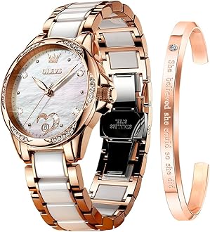 OLEVS Watch for Women Automatic Self Winding Mechanical Ladies Wrist Watch Big face Two Tone Stainless Steel Ceramic Bracelet Heart Diamond Fashion Luxury Ceramic Band Luminous Waterproof…
