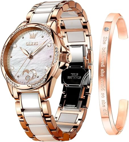 OLEVS Reloj para mujer automático automático mecánico reloj de pulsera para mujer, cara grande, dos tonos, acero inoxidable, pulsera de cerámica,