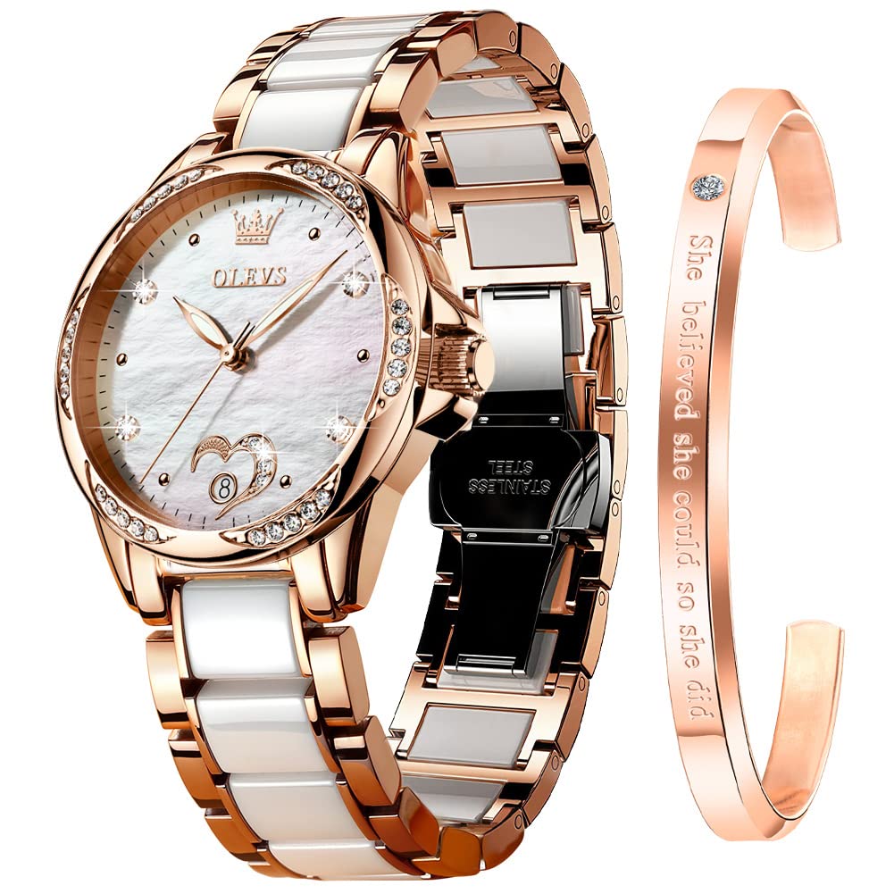 OLEVS Watch for Women Automatic Self Winding Mechanical Ladies Wrist Watch Big face Two Tone Stainless Steel Ceramic Bracelet Heart Diamond Fashion Luxury Ceramic Band Luminous Waterproof…