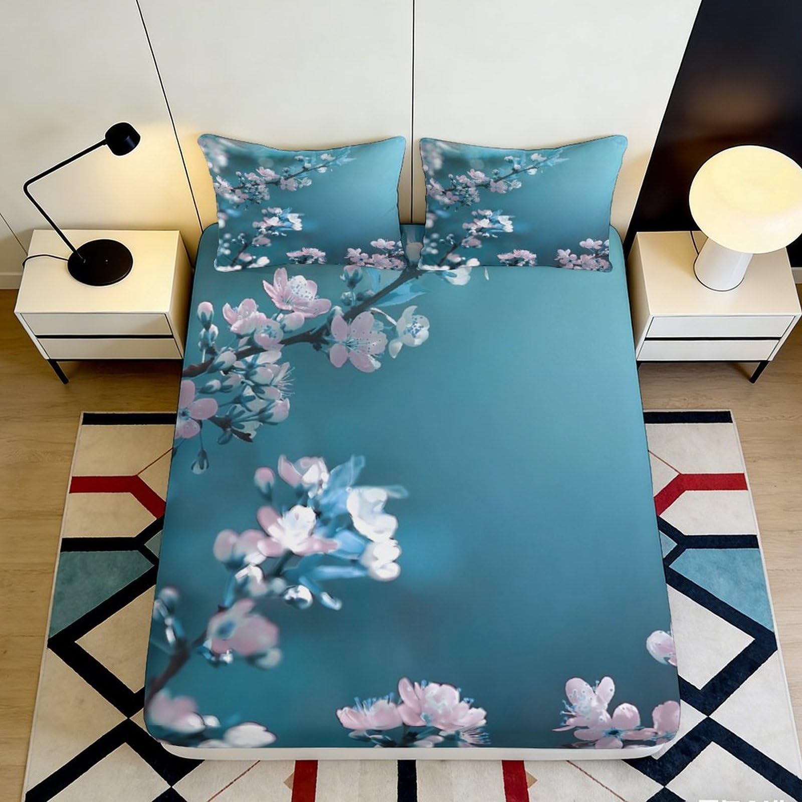 3D Printed Blossom Teal Fitted Sheet Microfiber Soft Floral Branch Mattress Cover for Bedroom Guest Room Decor 90x200x25cm