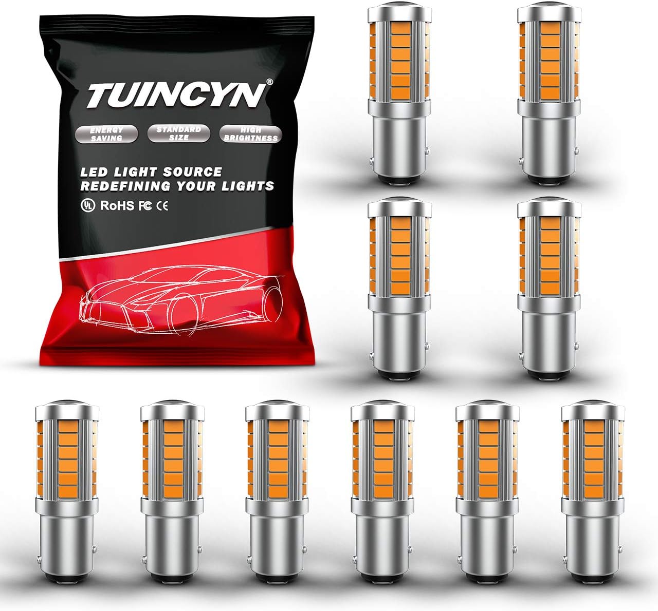 TUINCYN 1157 BAY15D LED Bulb Amber Yellow Turn Signal Light Bulb Super Bright 8000K 5630 33SMD 1016 1034 7528 2057 Tail Brake Light Back Up Reverse Light Parking Light DC 12V (Pack of 10)