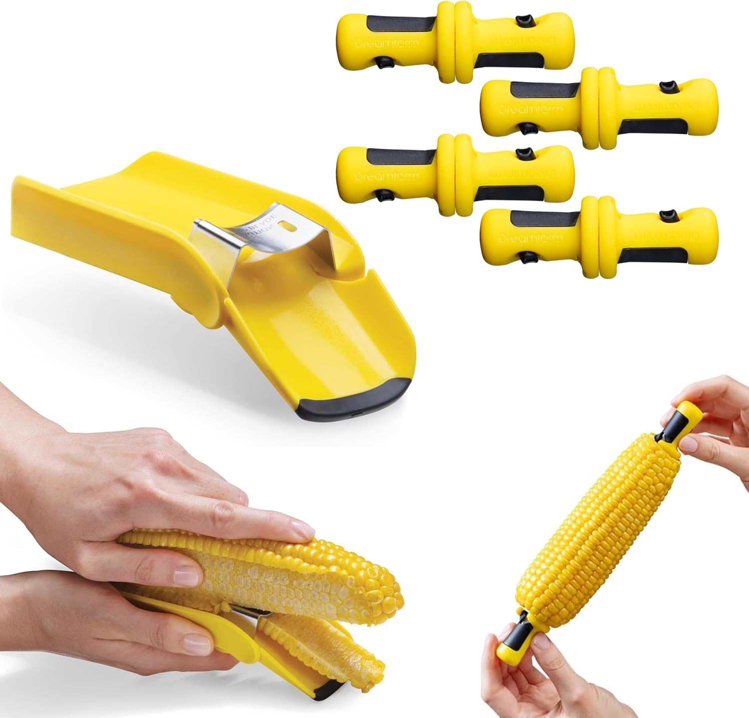 Dreamfarm Corn Accessories Set - Corpeel & Lockorns - Foldable No-Mess Corn Peeler & 4 Pairs of Interlocking Cob Holders, Stainless Steel & BPA-Free Kitchen Gadget Duo for Grilling & Food Prep