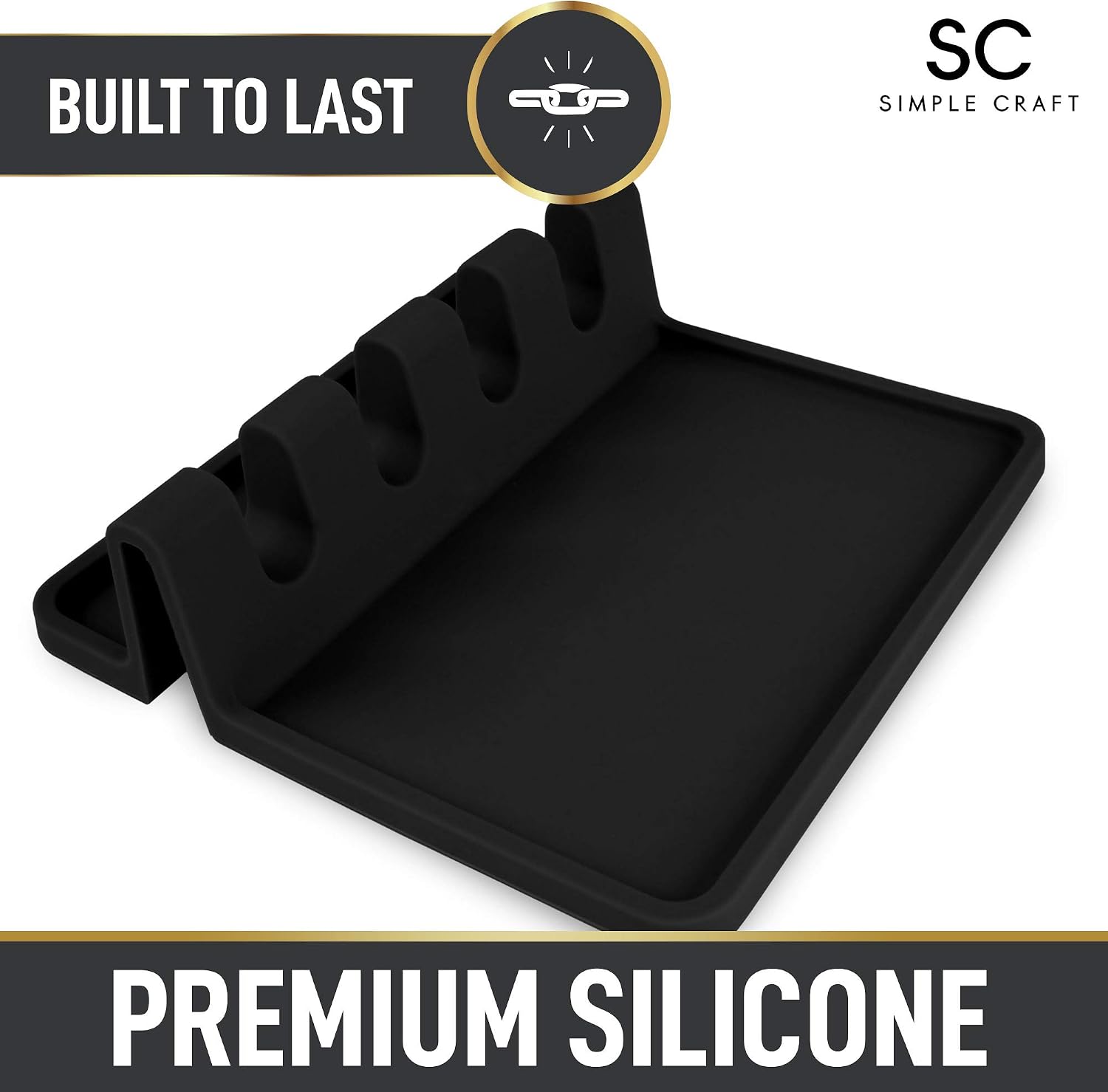 Simple Craft Silicone Utensil Rest with Drip Pad for Multiple Utensils - Heat-Resistant, Spoon Rest & Spoon Holder for Stove Top, Kitchen Utensil Holder for Spoons, Ladles, Tongs (Black)