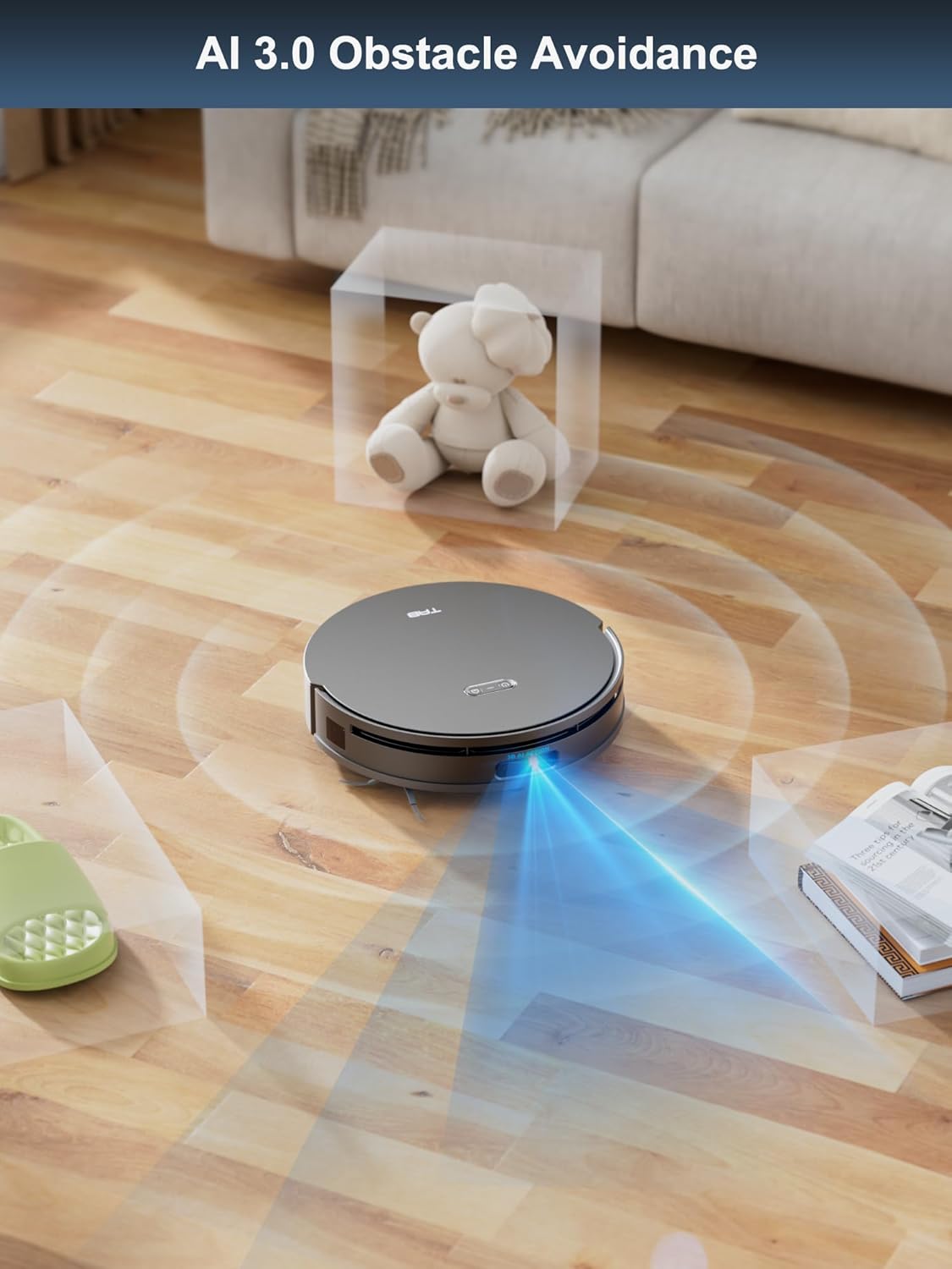 Robot vacuum using AI 3.0 obstacle avoidance to detect and navigate around a teddy bear and books on the floor.