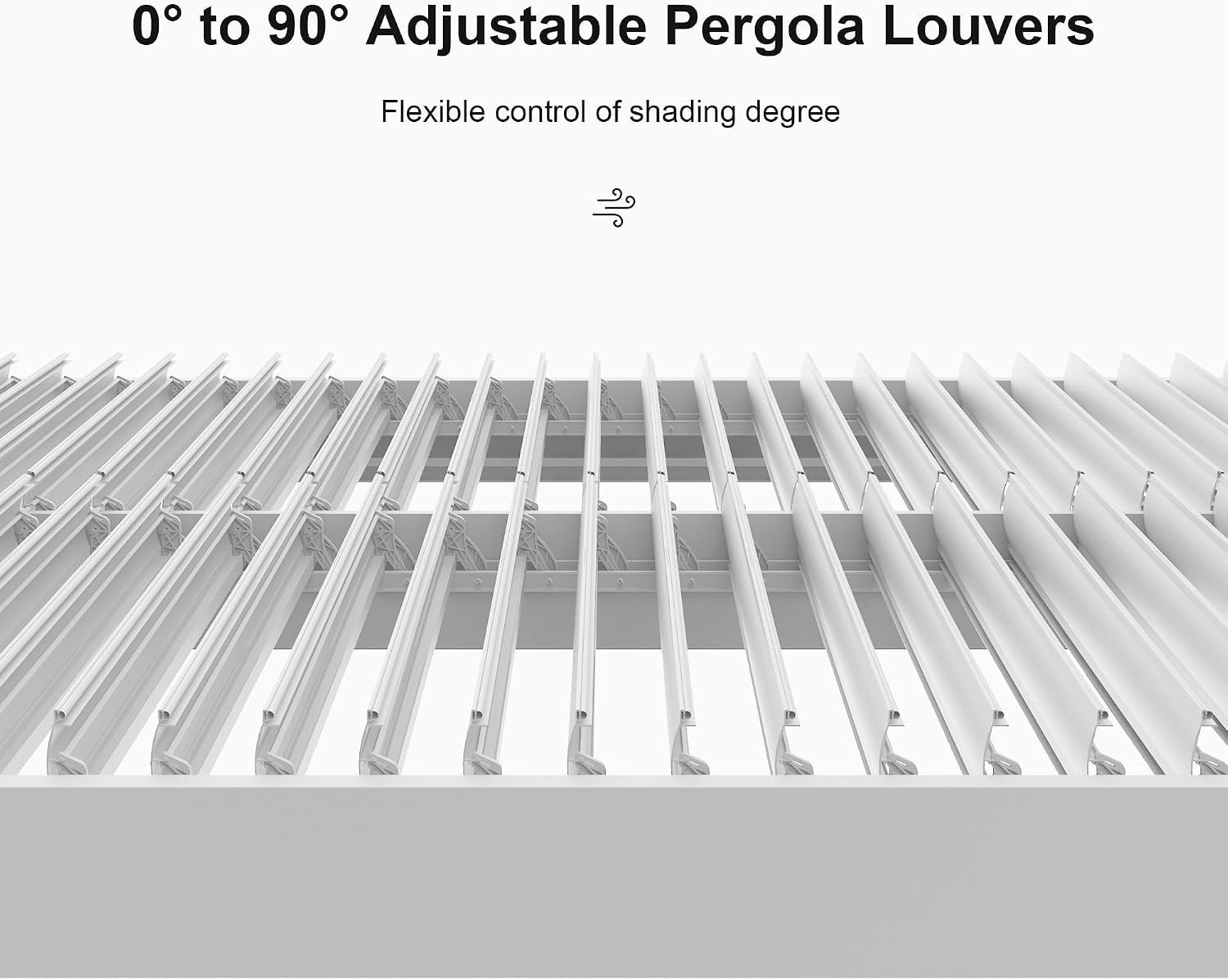 Close-up view of the PURPLE LEAF Louvered Pergola's adjustable louvers, showing their ability to rotate from 0 to 90 degrees for flexible shading.