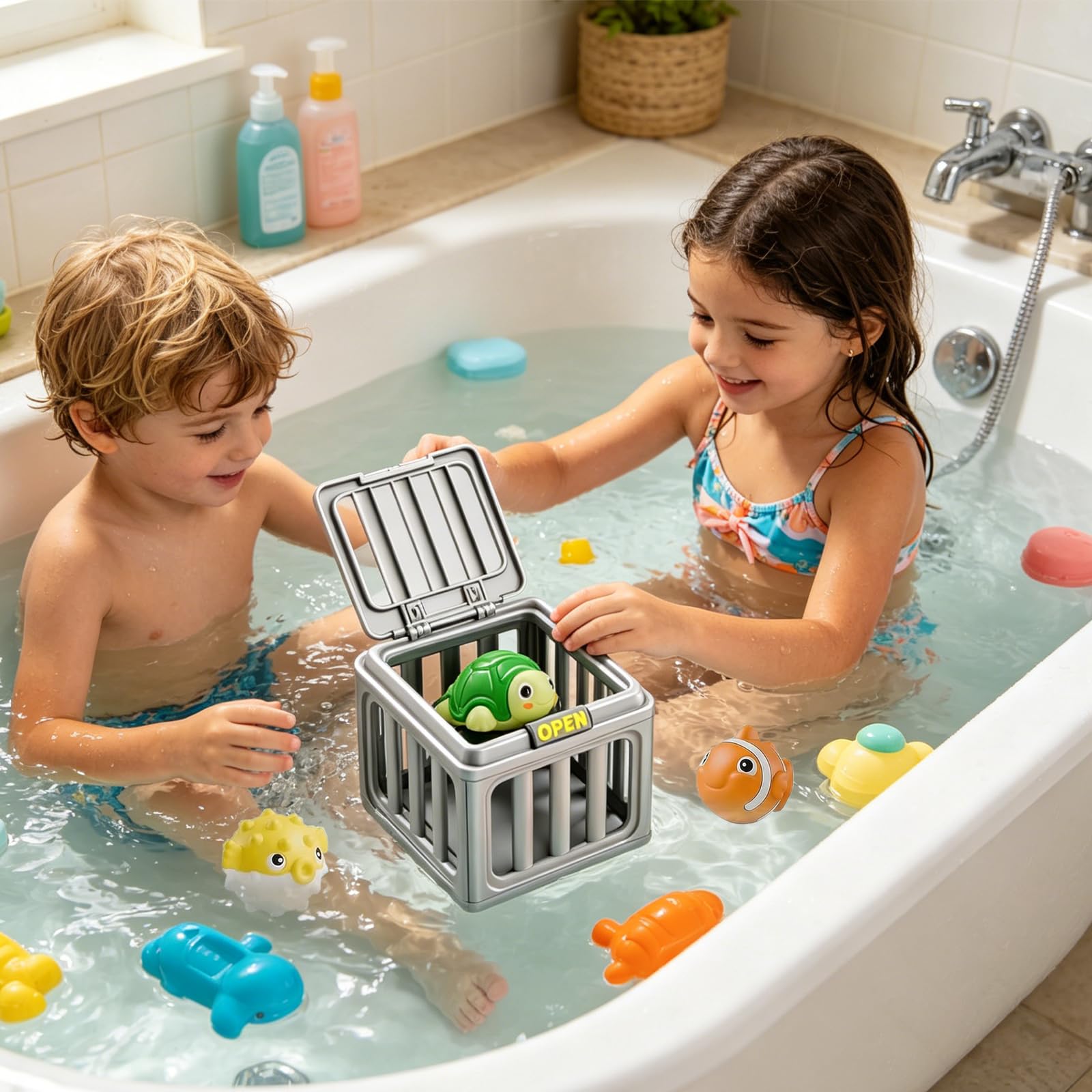 Unterwasser Rettung Tauchspielzeug, Tauchspielzeug Poolspielzeug für Kinder, Bunte Tier Tauchfiguren TauchspielzeugSet, Pool Käfigspielzeug mit Schwimmenden Tieren, Sommer Pool Badewanne