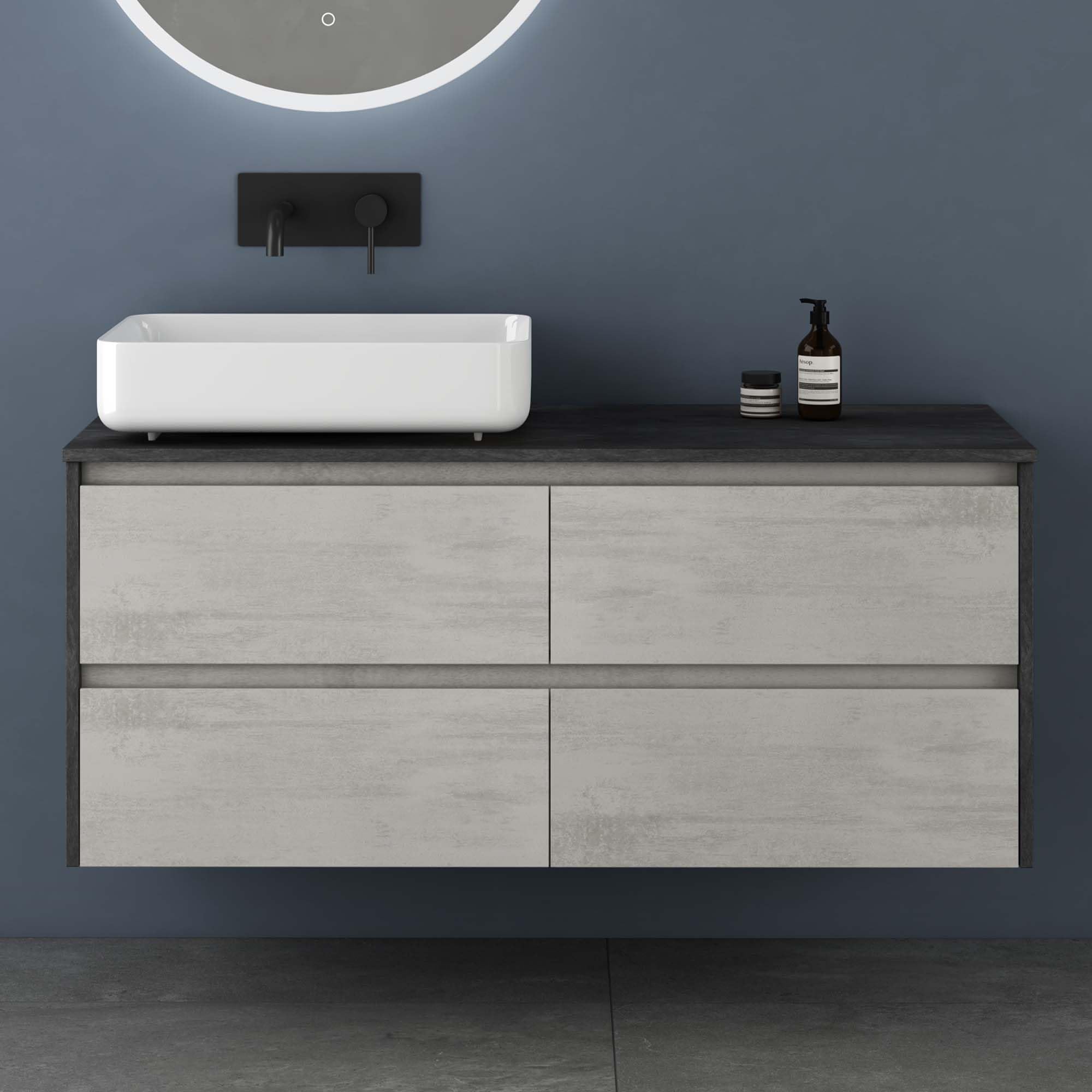 doporro Mobile Bagno Sospeso 120 cm Naturale Chiaro, Mobiletto Sottolavabo con Lavabo da Appoggio in Marmoresina Bianco e 4 Cassetti Soft Close, Mobili Arredo Bagno Spazioso Normal