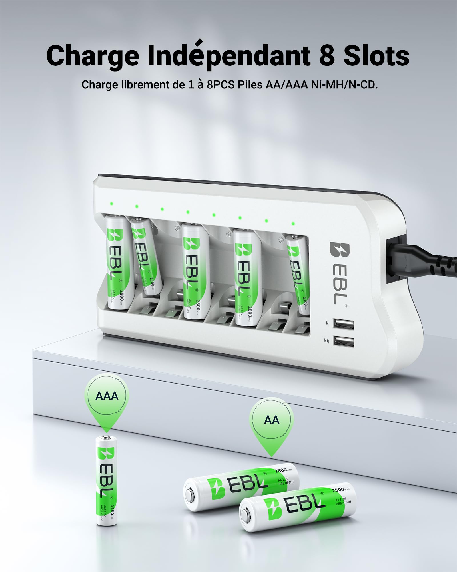 EBL Chargeur de Piles Rechargeables + 8PCS Piles AA Rechargeables Puissantes, avec 2 USB Ports pour Accus AA/AAA/Ni-MH et Smartphone, Tablette