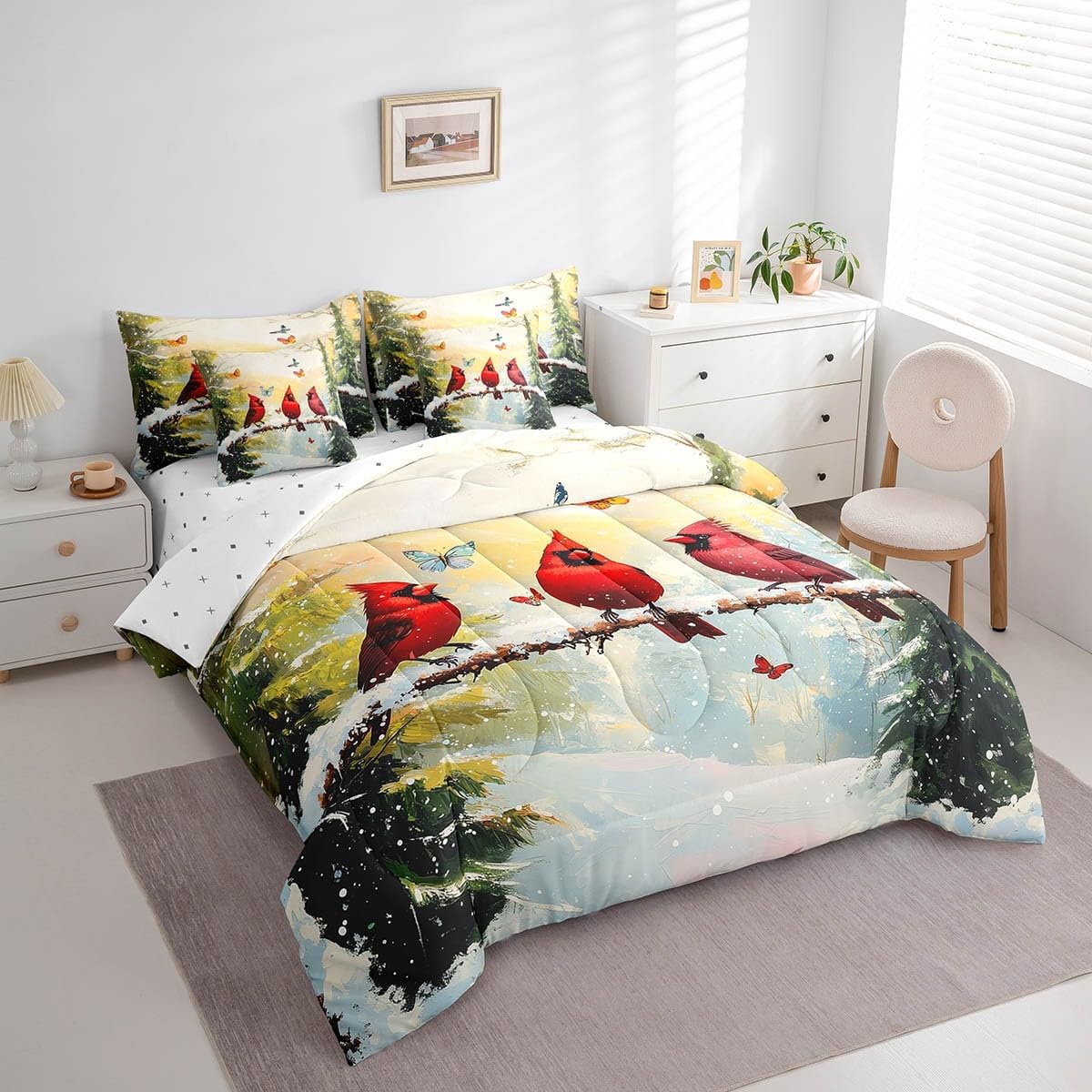Erosebridal 7 Piece Red Cardinal Queen Comforter Set with Sheets,Winter Snow Bird Bedding Set Christmas Decorations for Home,Xmas Tree Butterfly Bed Set with Fitted Sheet,Flat Sheet