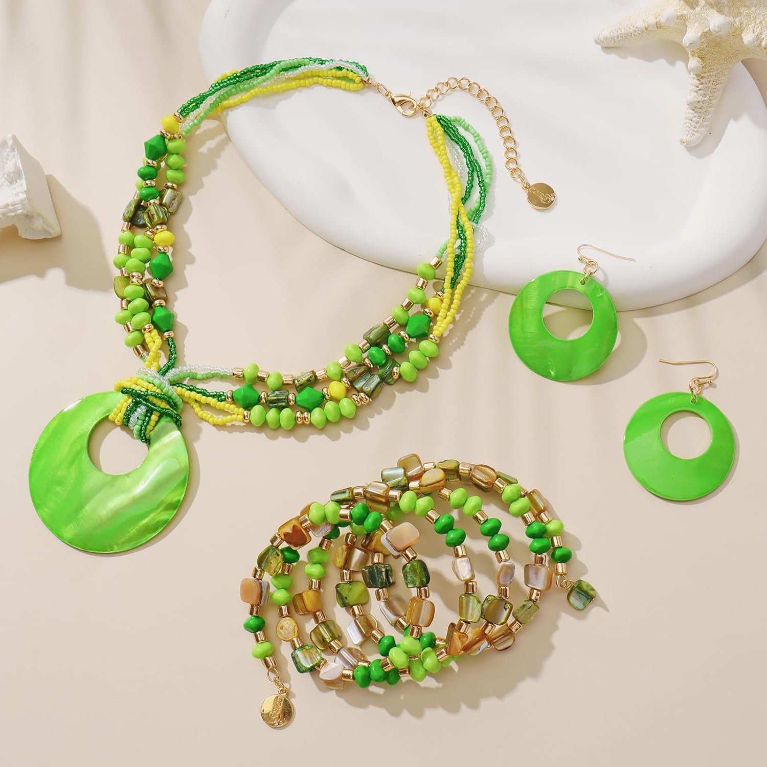 Jewelry Sets for Women 4 Pcs Chunky Beaded Mrs Roper Costume Jewelry for Women Boho Multi Strand Colorful Shell Necklace for Women - Image 3