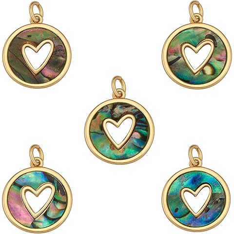 5 Pieces Flat Round with Heart Enamel Charm Pendant Heart Enamel Charm with Natural...