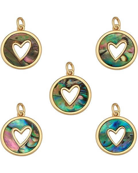 5 Pieces Flat Round with Heart Enamel Charm Pendant Heart Enamel Charm with Natural...