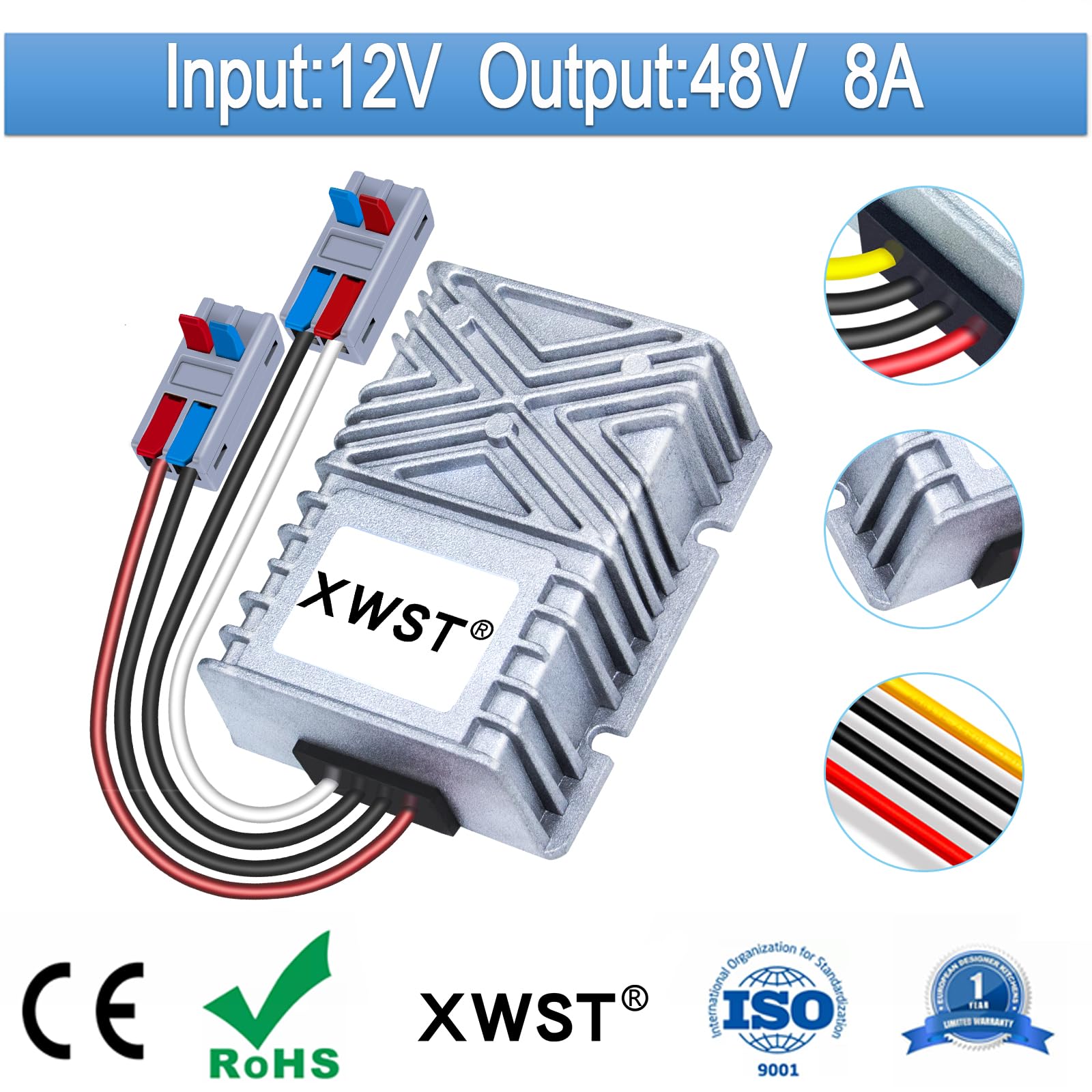 Converter Boost da DC 12V a 48V 8A 384W Convertitore di Tensione con Connettore Rapido, Step up Regolatore Trasformatore Modulo di Alimentazione Convertitore