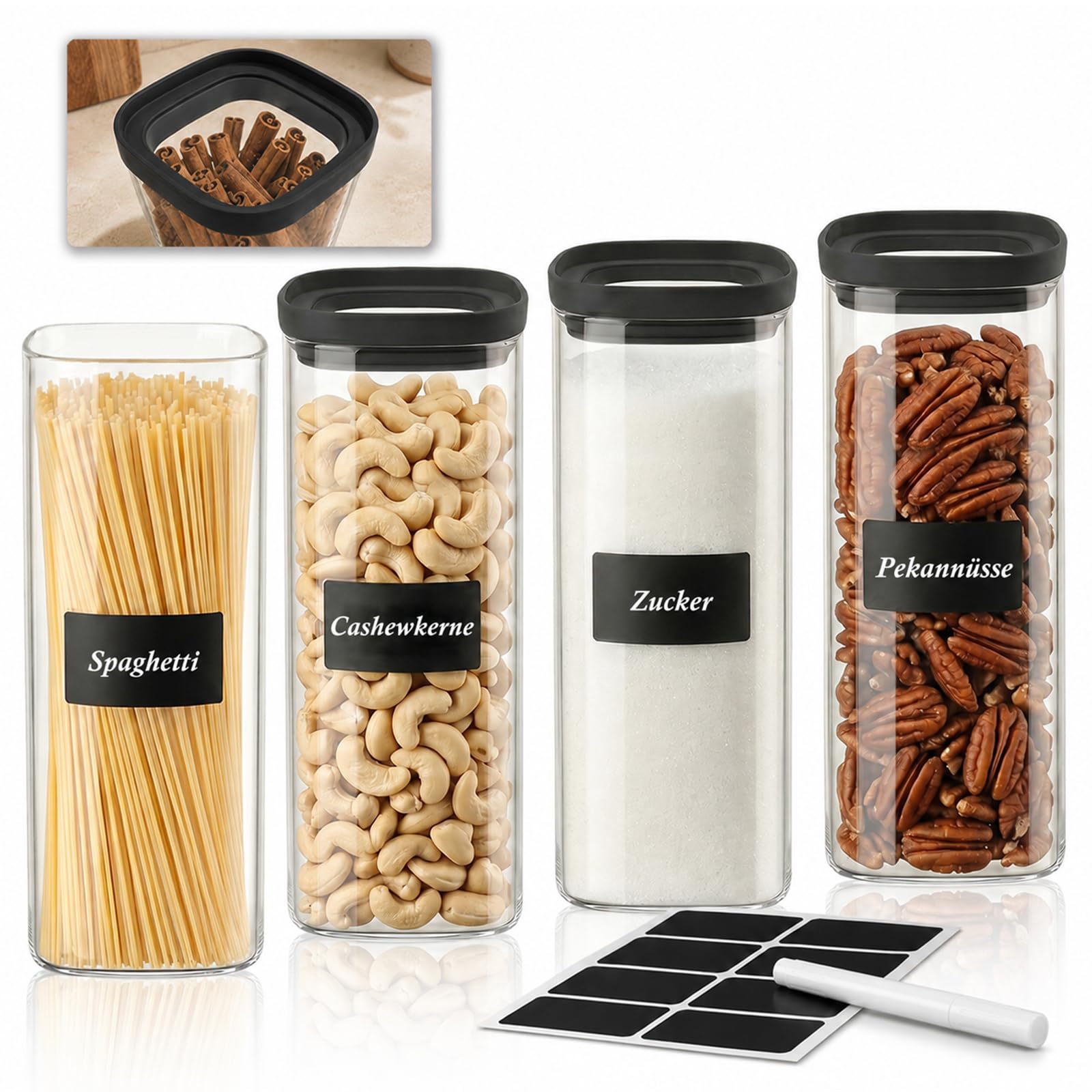 twoant 4 set Eckig Stapelbar Vorratsgläser mit Glasdeckel Luftdicht 2000ml Vorratsglas mit Deckel Aufbewahrungsglas mit Etiketten & Marker für Küche,Gewürze, Kaffee