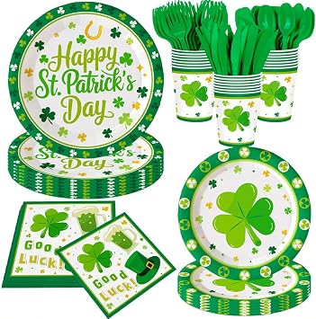 140Pcs St. Patricks Day Plates and Napkins Happy St. Patricks Day Party Decorations Shamrock Paper Plates Irish Festival Party Supplies Green Good Lucky Clover Dinnerware Plates, Serves 20 Guests