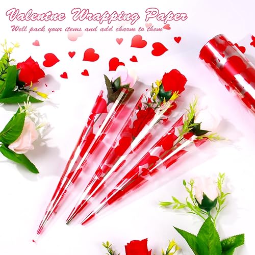 Miniatura 5 de Rollo de celofán para el día de San Valentín, 100 pies de largo x 32 pulgadas de ancho con diseño de corazones rojos de 2.3 mil para envolver