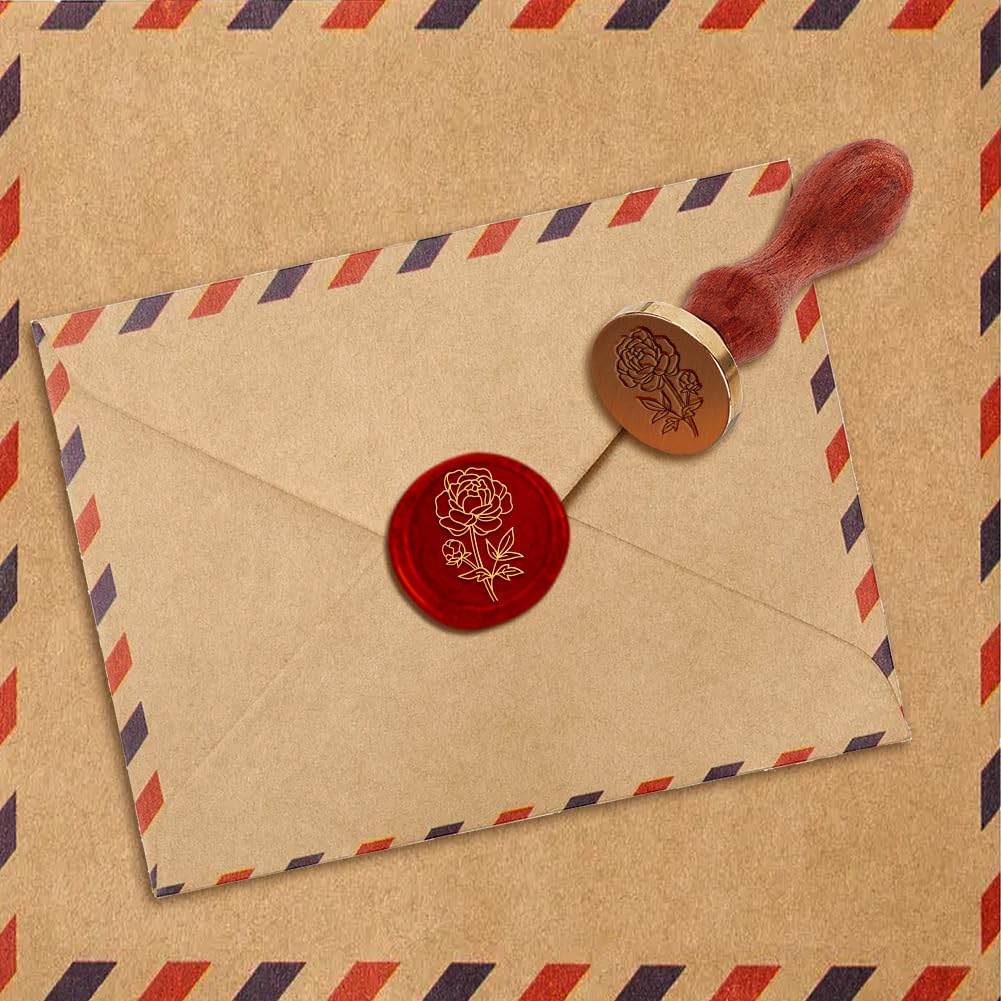 DELORIGIN 1" Peony Wax Seal Stamp Retro Sealing Stamps Removable Brass Head Seal Stamp with Wooden Handle Sealing Wax for Envelope Greeting Card Letter Wedding Invitations Gift Wrapping Decor… - Image 3