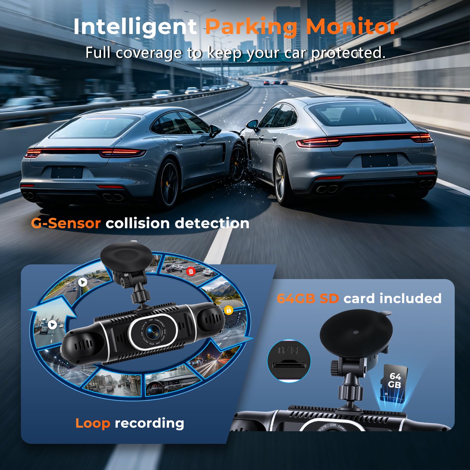Hikity Dashcam 2K con Pantalla IPS de 3 Pulgadas, Grabación en Bucle, Visión Nocturna, Sensor G, Línea de Ayuda al Aparcamiento, Tarjeta TF de 64 GB, Wi-Fi y Control Mediante Aplicación