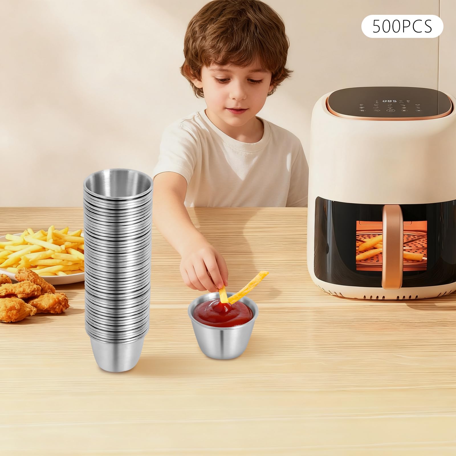 Silber Edelstahl Soßenschälchen Mini Dip Portionsschalen 500 Stück 6 cm für Soßen Gewürze Dips Ketchup Majonäse Salat Essig Öl Senf Restaurant Küche Party Haushalt Buffet Catering