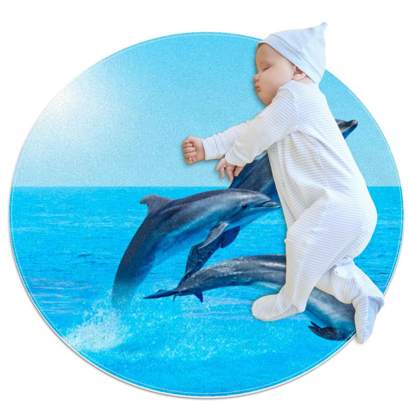 Tapis dauphins mignons tapis rond anti-froid pour sol de salle de jeux et buanderie