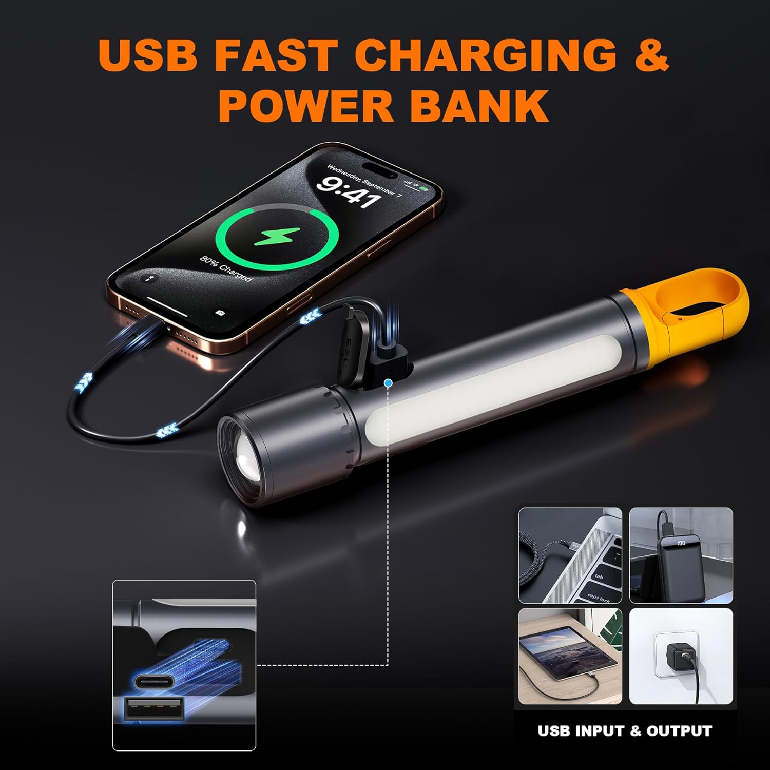 Magnetic Flashligh Magnetic Rechargeable Flashlights, 5000mAh High Lumens LED Flash Light with 9 Modes & COB Side Light, Zoomable Waterproof Handheld Flashlight for Camping, Emergencies, Car Repair