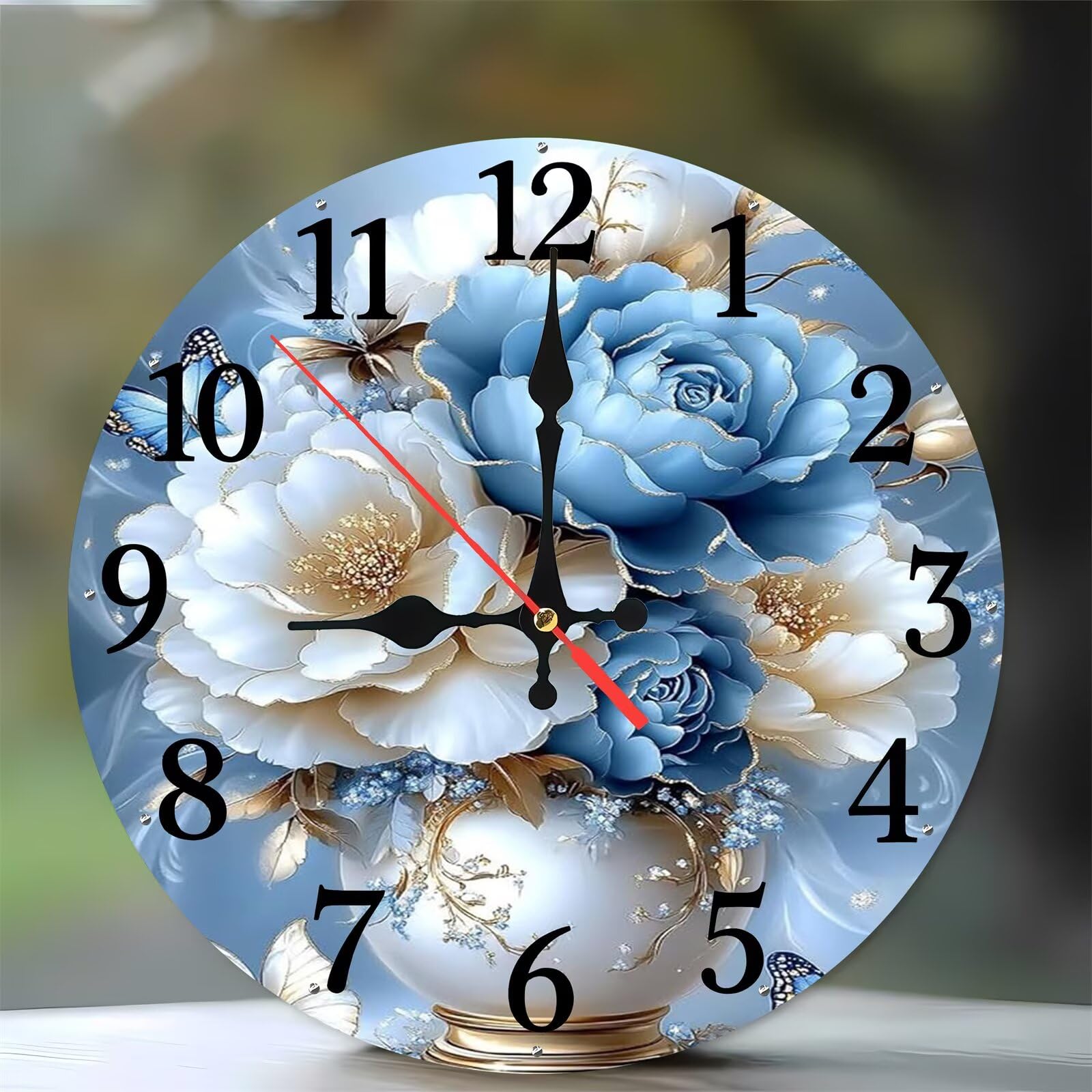 Horloge silencieuse sans tic-tac 35 cm en bois à motif pivoine bleue