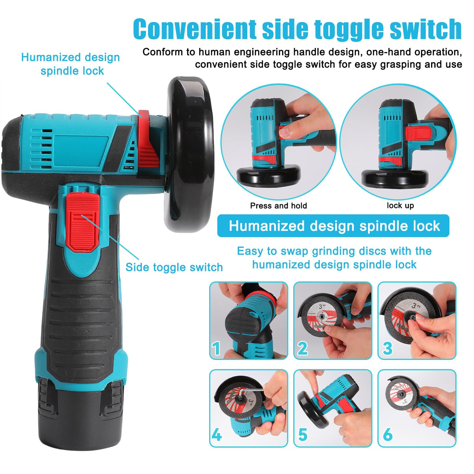 Amoladora angular inalámbrica, 550 W, mini amoladora angular inalámbrica, 12 V, disco inalámbrico profesional con 2 baterías de 1200 mAh,amoladora angular para moler y pulir, corte (2 baterías)