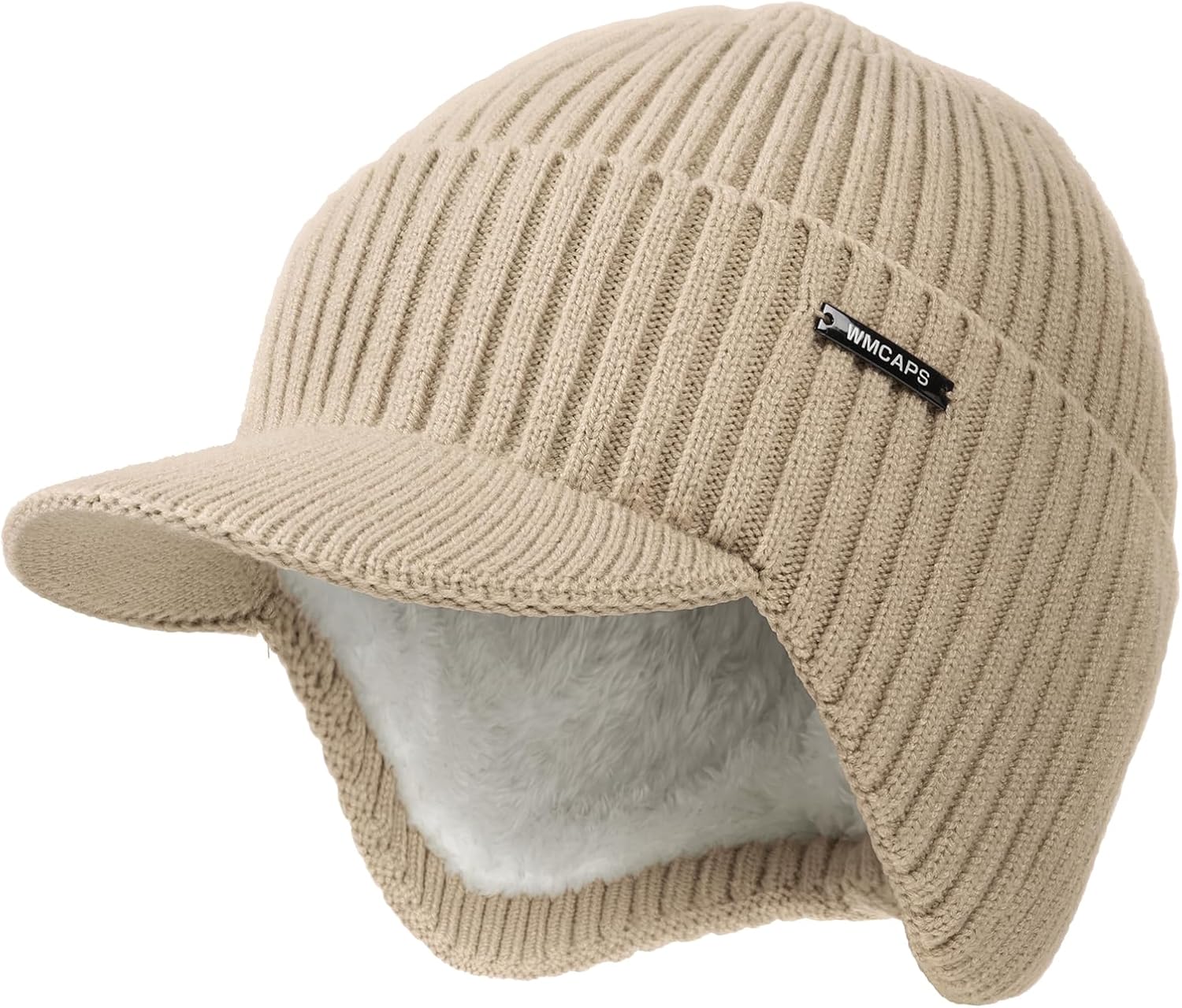 Wmcaps Winter Beanie with Brim and Ear Flaps, Outdoor Warm Fleece Lined Knit Hat Stocking Caps for Men Women