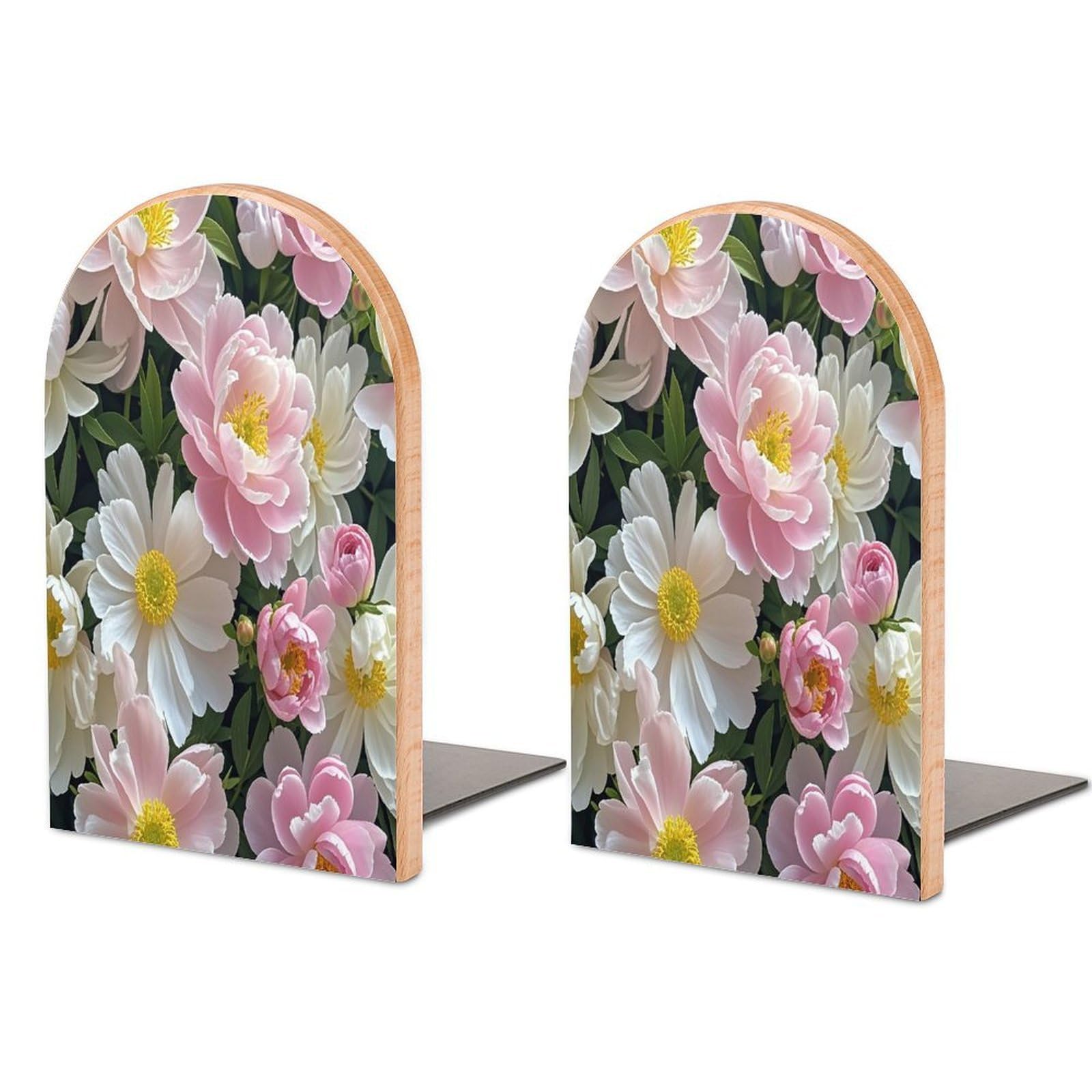 Beautiful Flowers with and Peonies Bookend for Shelves Unique Book End Sturdy Books Holder Heavy Duty Wooden Bookends Support Non-Slip Book Organizers Decorative Modern Bookend Holder for Home