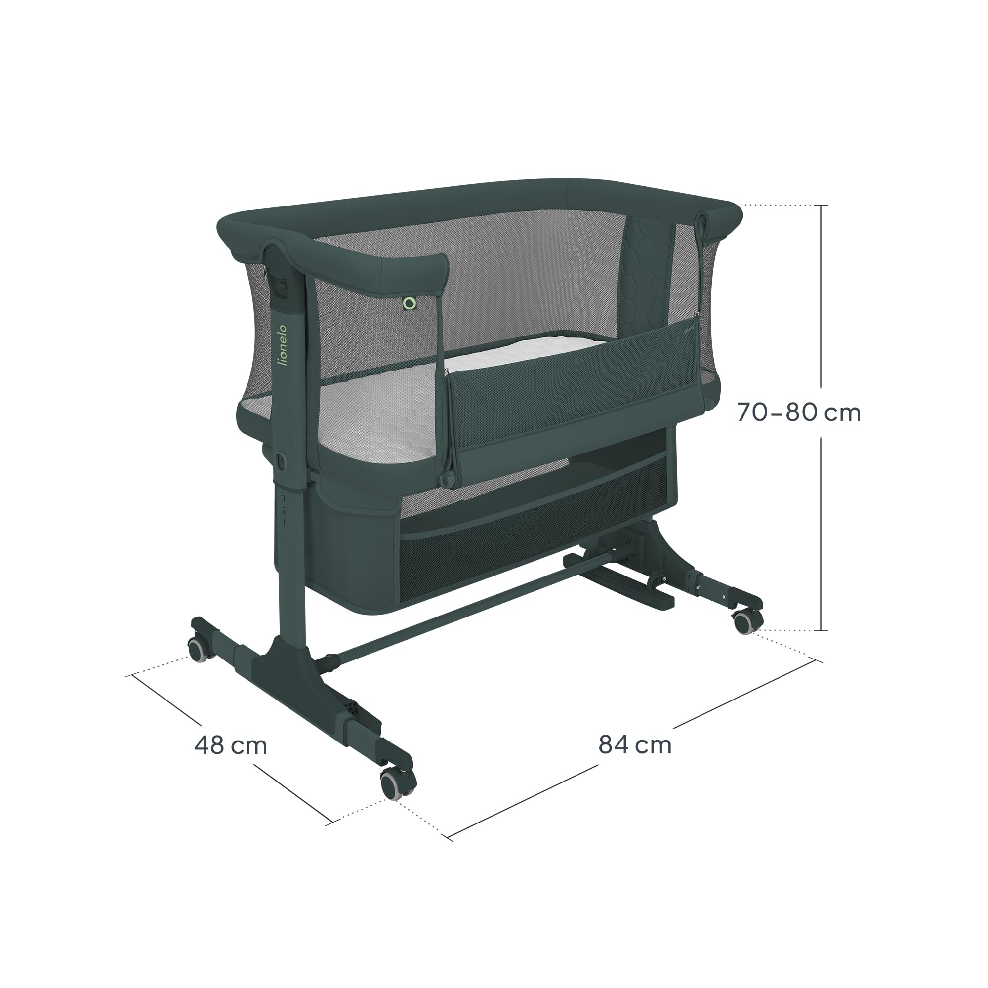 Lionelo Jodie Beistellbett 3in1, 6-Fach höhenverstellbar mit Neigungsverstellung für Boxspringbett, als Wiege & Babybett, Netzseiten, Rollen mit Bremse, Matratze, Gurte, Transporttasche, Moskitonetz
