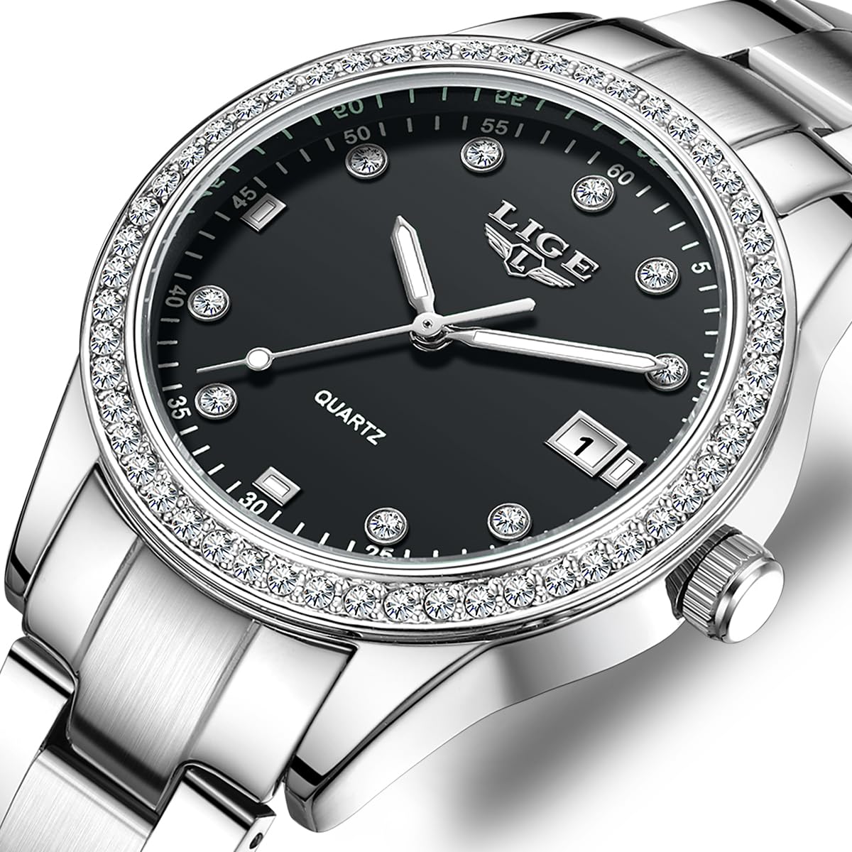 LIGE Montre Femme Quartz Analogique Lunette Strass Cristal Cadran 34mm | Bracelet Métal Argent Aiguilles Lumineuses Affichage Date 3ATM Étanche Verre Anti-Rayures Montre Luxe Mode Cadeau Femme