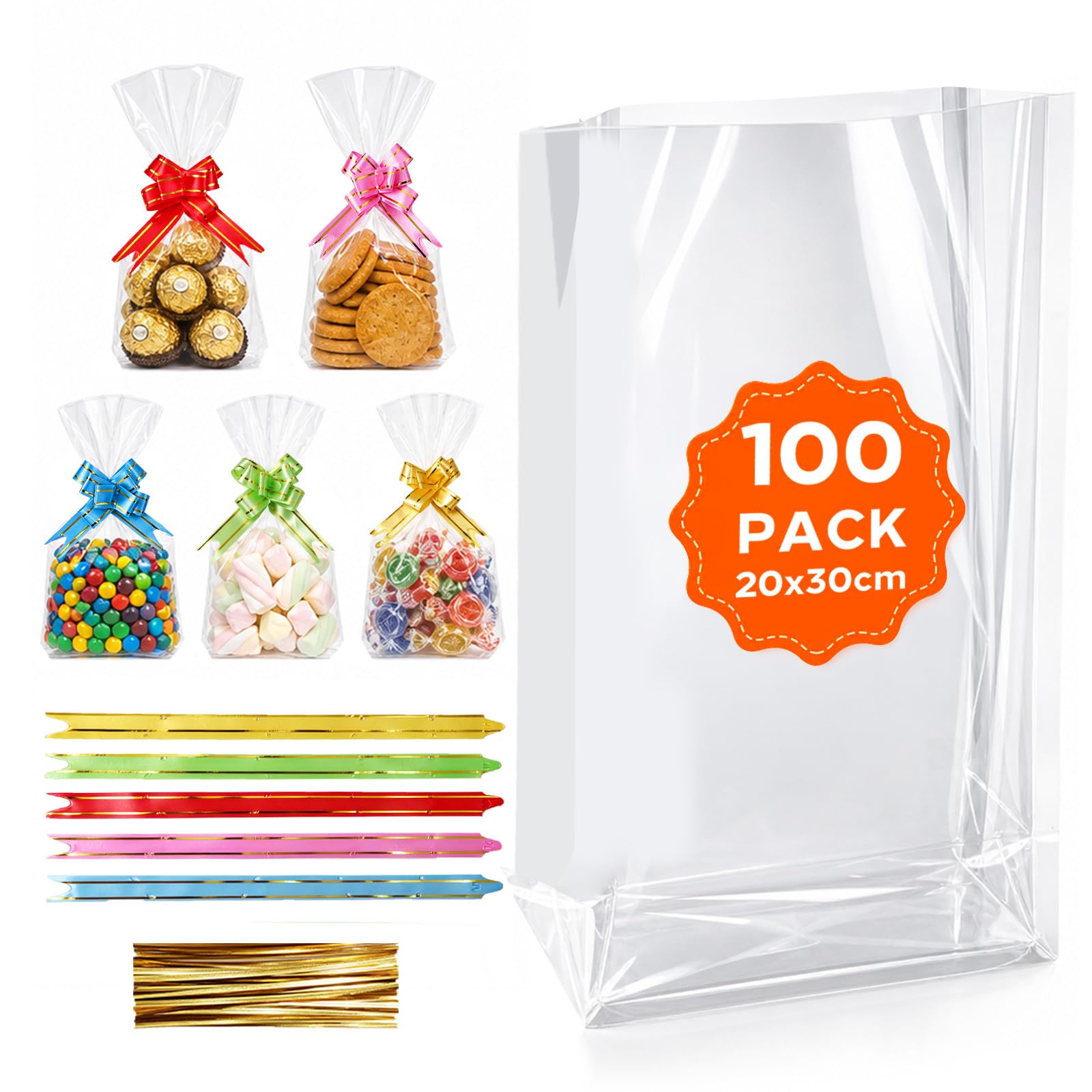RITOLLO 100 Pack Cellophane Bags 20 x 30 cm, Extra Thick 3 MIL, with Bows & Twist Ties, Clear Gusseted Gift Bags, Food Safe Plastic Treat Bag for Mugs, Hampers, Cookies, Party Favours & Retail Package