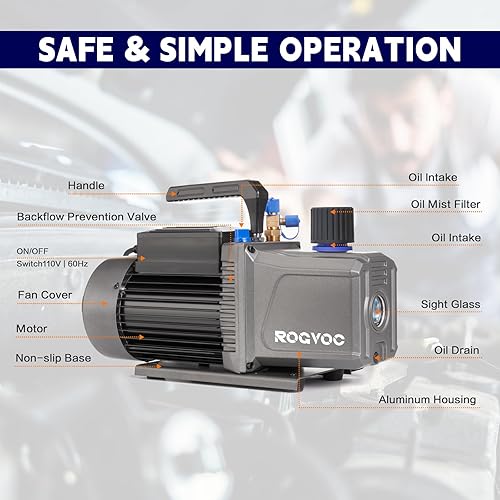 Miniatura 7 de Bomba de vacío de 14 CFM, bomba de vacío de aire de paleta rotativa de doble etapa de 110 V 1 HP para HVACAUTO, recarga de refrigerante de CA,