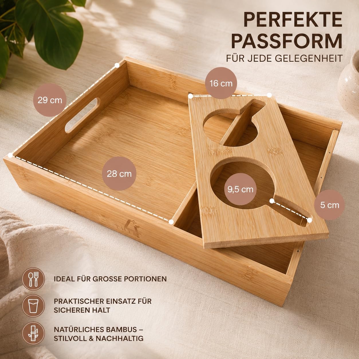 Couchbar Snackbox Serviertablett – Bambustablett - großes Fach für Snacks & Mahlzeiten – leicht & sicher – Geschenkidee.