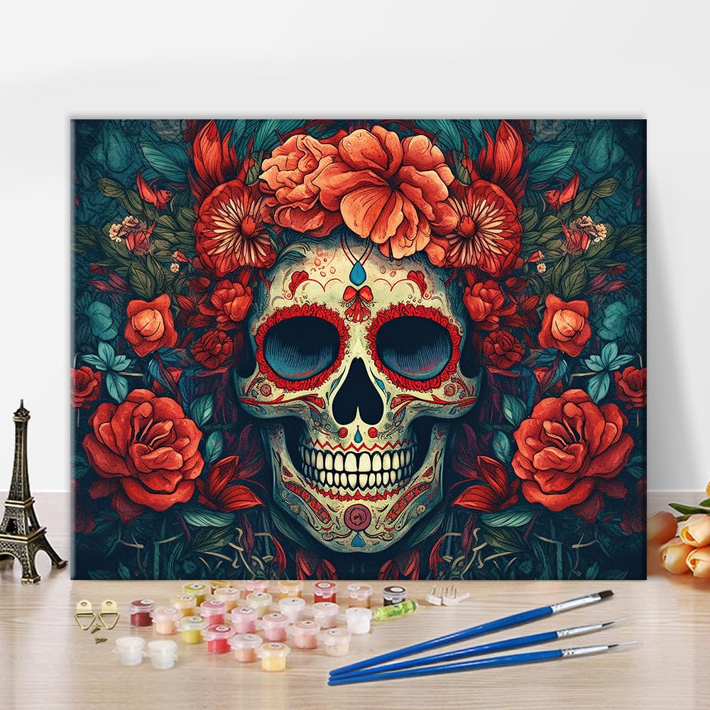 Colourful Skull Adorned with Flowers Paint by Number Traditional Mexican Festivals Paint by Numbers Kit for Adults with Brushes and Pigment for Home Wall Decoration, 16x20 Inch