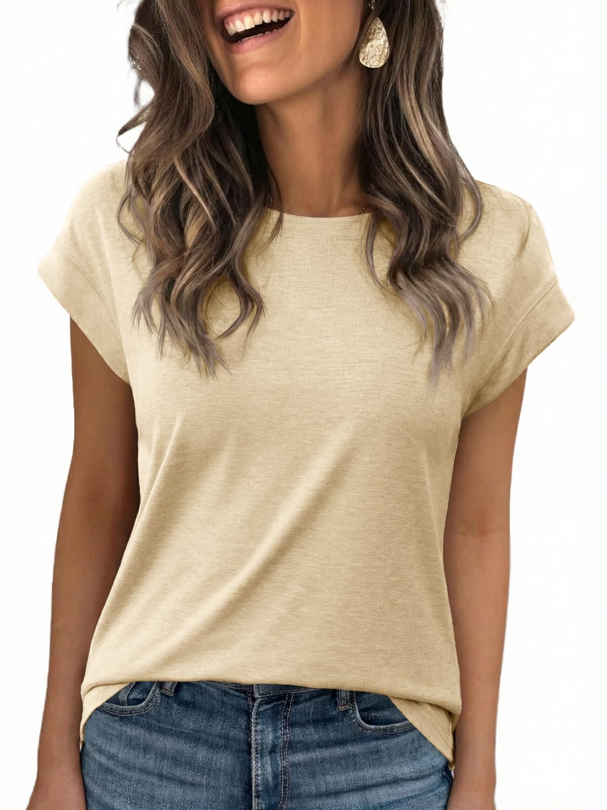 Cicy Bell Tshirt Damen Tops Rundhals Oberteile Elegant Basic Shirt Sommer Blusen.Hellgelb XL